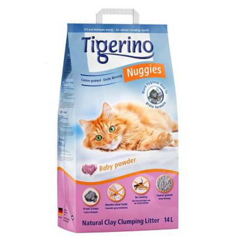 Tigerino Nuggies zbrylający żwirek dla kota - zapach pudru, gruboziarnisty 14 l - Tigerino