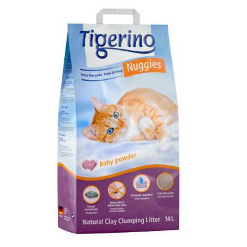 Tigerino Nuggies zbrylający żwirek dla kota - zapach pudru, drobnoziarnisty 14 l - Tigerino