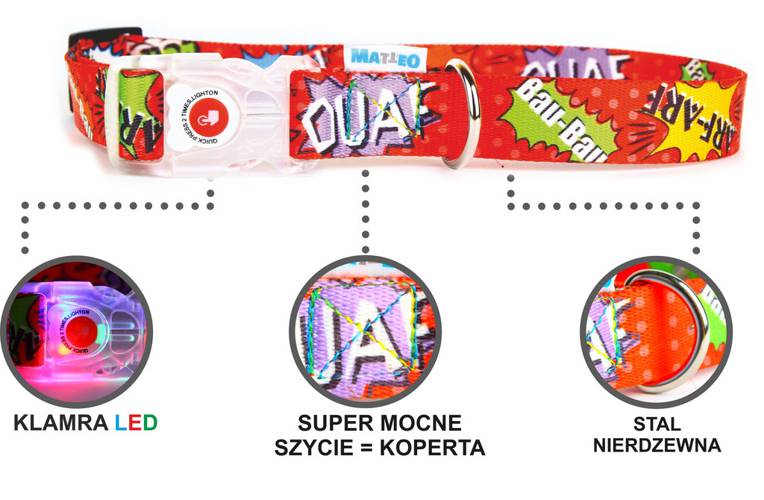 Obroża Klamra LED - Graffiti Czerwona 0541 20MM 55CM 35-50CM - matteo-company