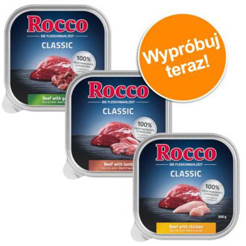 Mieszany pakiet próbny Rocco Classic tacki, 9 x 300 g Pakiet Classic 1: wołowina, żwacze, serca drobiowe - Rocco