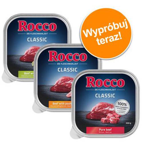 Mieszany pakiet próbny Rocco Classic tacki, 9 x 300 g Pakiet Classic 1: wołowina, żwacze, serca drobiowe - Rocco