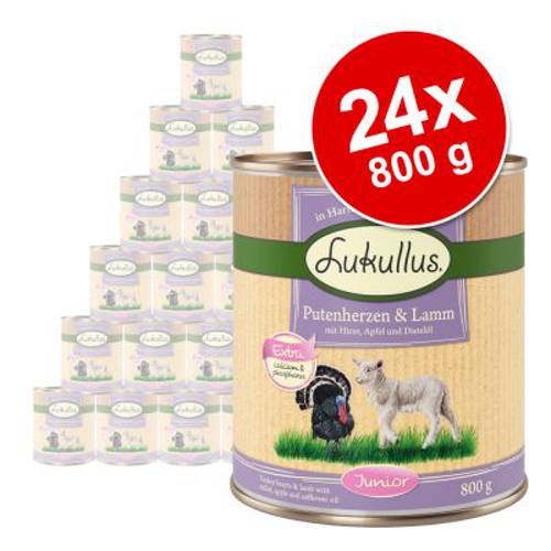 Megapakiet Lukullus Junior, 24 x 800 g Serca indycze z jagnięciną - Karma Lukullus